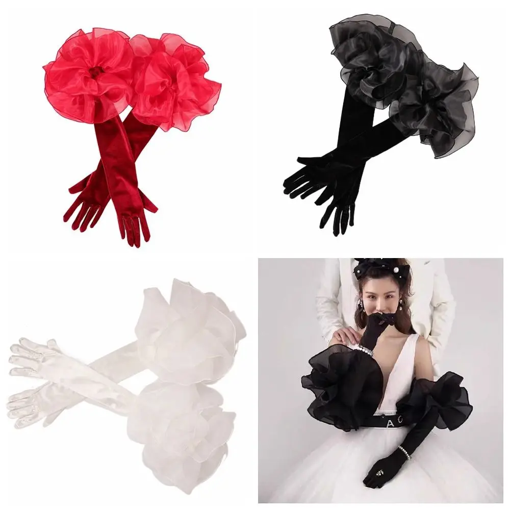 Retro Elegant Ruffles Velvet Mittens Organza Flower Elastic Long Gloves Vintage Full Finger Wedding Bridal Gloves Show