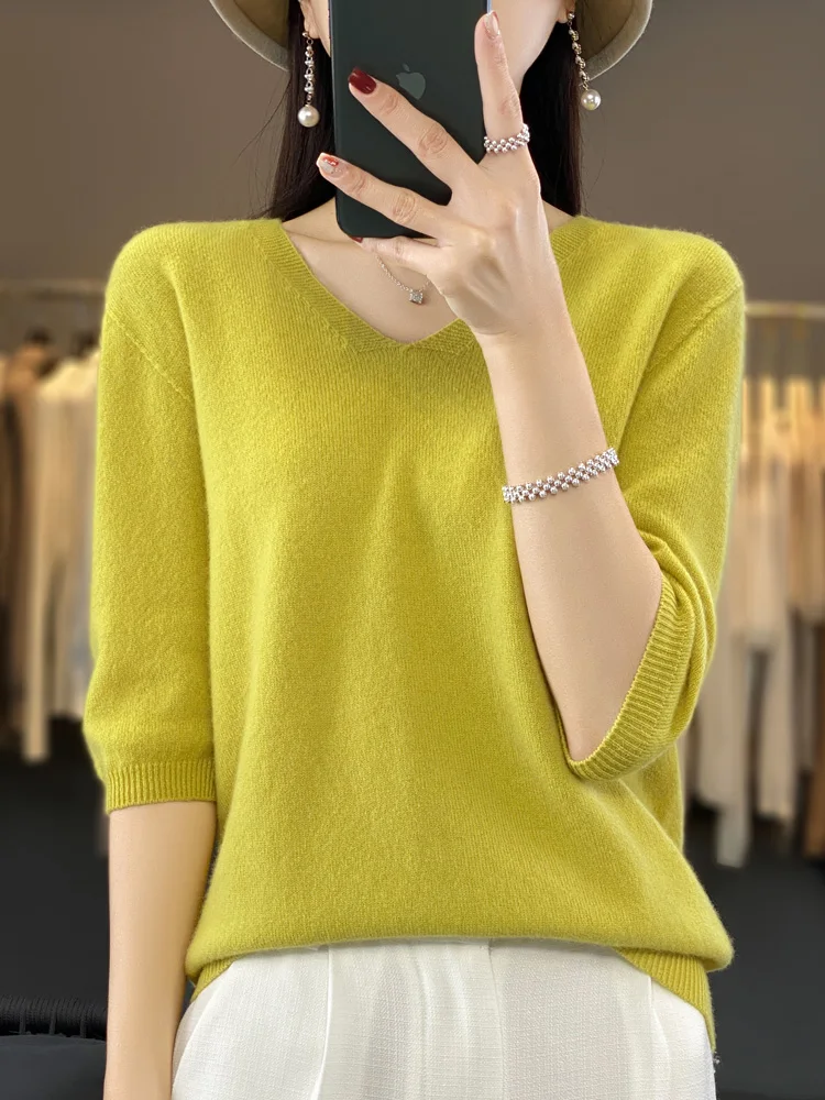 Aliselect Damskie swetry z dzianiny z krótkim rękawem 100% czystej wełny merynosów Kaszmir Wiosna Moda V-Neck Top Pullover Odzież