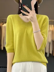 Aliselect Short Sleeve Women Knitted Sweaters 100% Pure Merino Wool Cashmere Spring Fashion V-Neck Top Pullover Clothing