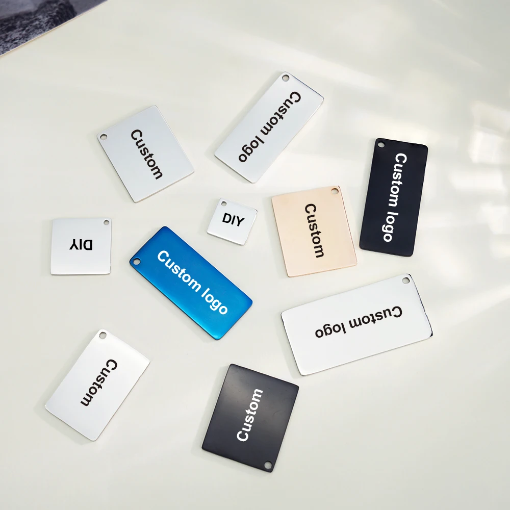 

20pcs/Lot Stainless Steel Custom Logo Rectangle Tags Personalized Square Charms Side Hole Metal Keychain Pendant Dog Tag ID Tags