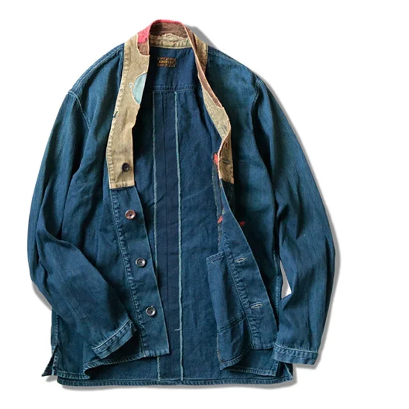 Kapital Japanese Retro Blue Dyed Denim Old Patch Kimono Single Breasted Shirt Men and Women Cotton Daopao Jacket Short Coats