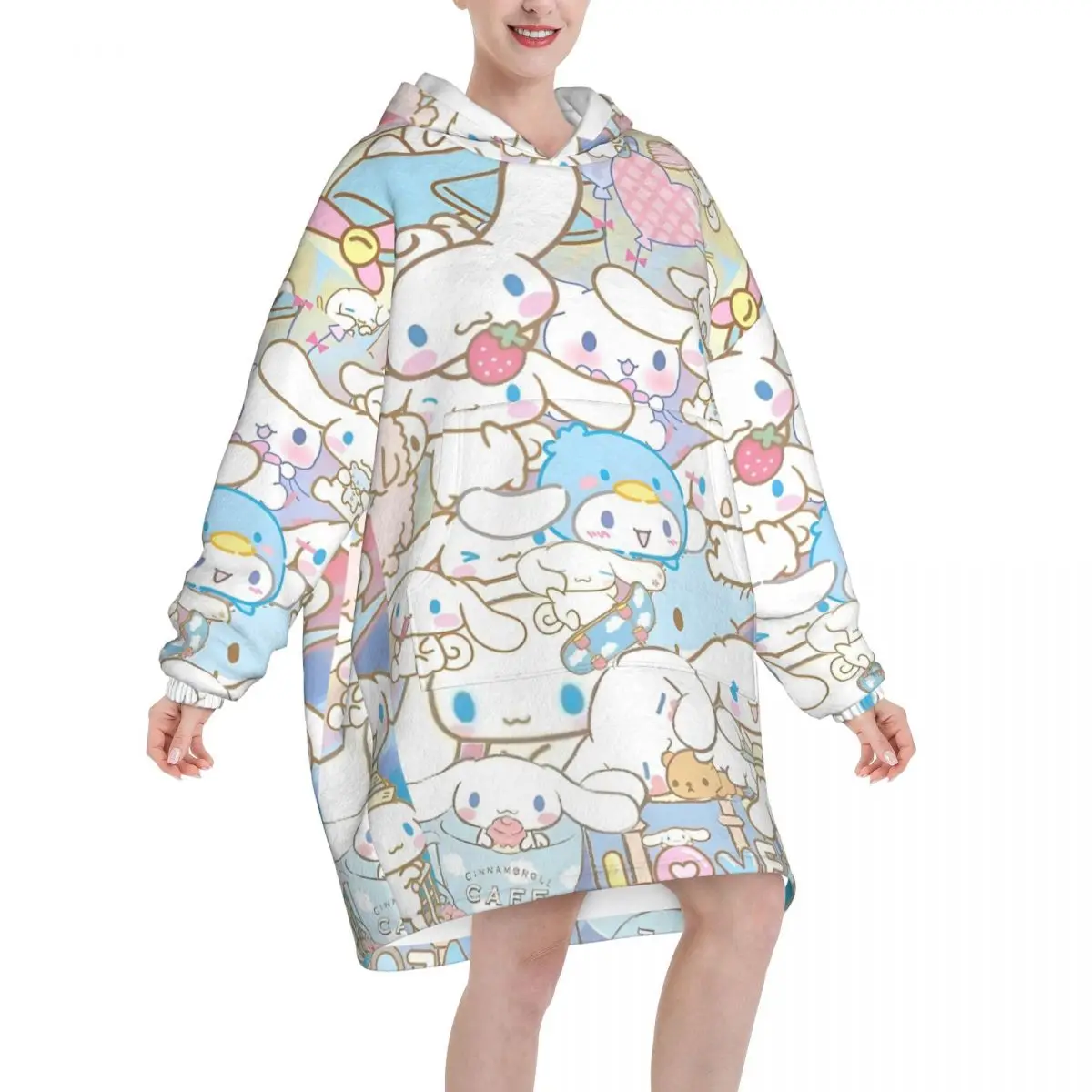 Cartoon Cinnamoroll Kawaii Wearable Blanket Hoodie for Women Men Oversized Sweatshirt Blanket with Pocket
