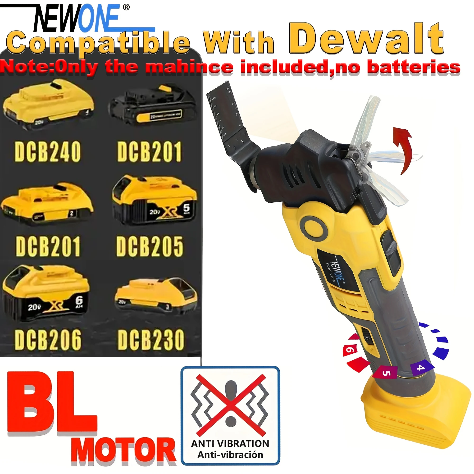 Alat Multi Fungsi Tanpa Kabel Brushless untuk Baterai 20V Max, Kit Mata Gergaji Osilasi Anti-getaran, 6 Kecepatan, 4 °   Bergoyang-goyang