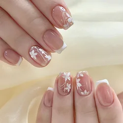 24Pcs Small Flower French False Nails Gradient Color Square Press on Nails Set Glossy Full Cover Fake Nails With Glue Stick