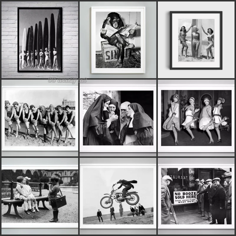 Black and White Unique Collection of Vintage Photos Canvas Posters Print Reproduction Pictures Retro Funny Photo Canvas Painting