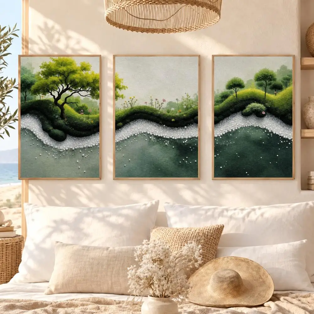 Green Moss Garden Pebble Landscape Painting Calligraphy 3 PCS Canvas Wall Art Prints for Living Room Modern Poster Decals Decor