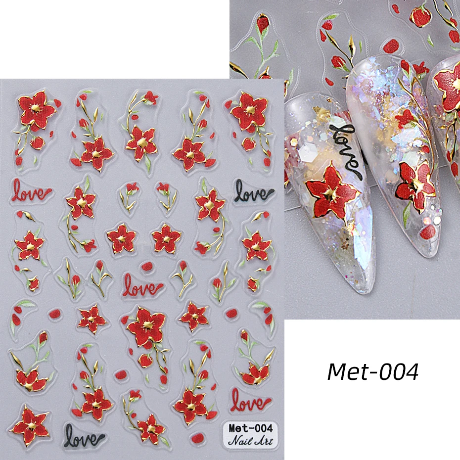 1-2 stuks Gouden Lijn Kersenbloesem 3D Nail Art Stickers Lente Perzik Bloemen Daisy Bloemen Gouden Bladeren Nail Decals Voor DIY manicure
