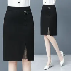 Office Lady Fashion High Waist Slim Black Skirts Spring Summer Patchwork Lace Irregular Split Midi Women Streetwear Casual Skirt