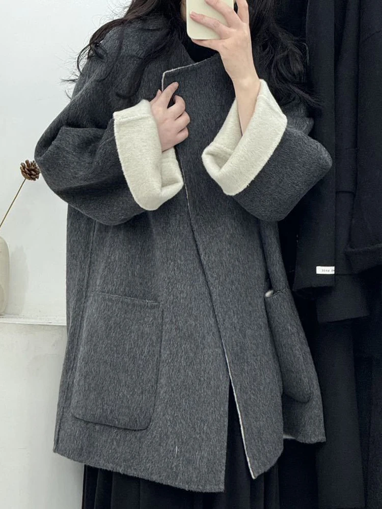 YERMORA Gray Big Size Short Casual Woolen Coat Loose Fit New O-Neck Long Sleeve Women Jacket Fashion Tide Autumn Winter 2024