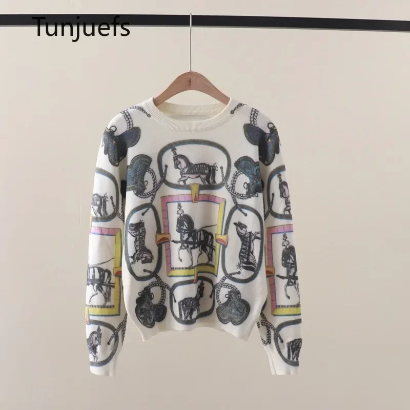 Horse Print Women\'s Sweater Pullovers Wool Knit Y2k Tops Brand Design Jumper Jersey Korea Fashion female clothes Autumn Winter