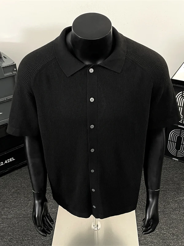 

Loose Fit Knitted Short Sleeve Shirt Men's Summer Casual Button up Half Sleeve Shirt Youth Fashion Shoulder Width Loose Shirt