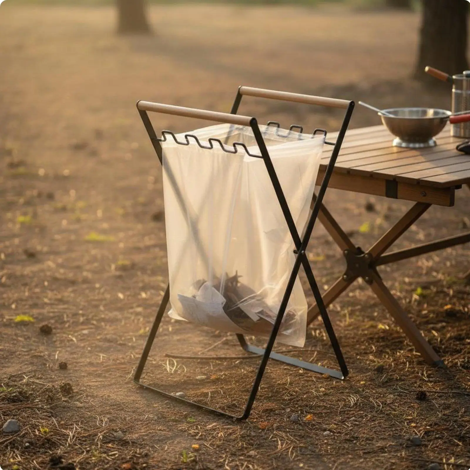 Outdoor Trash Rack Heavy-duty Foldable Rubbish Bin Holder Wooden Handle Iron Frame for Garden Recycling Organization
