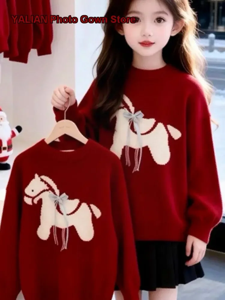 Girls Pullover Sweater Kids Winter Round Neck Knit Top Solid Color Thickened Warm Soft Older Kids