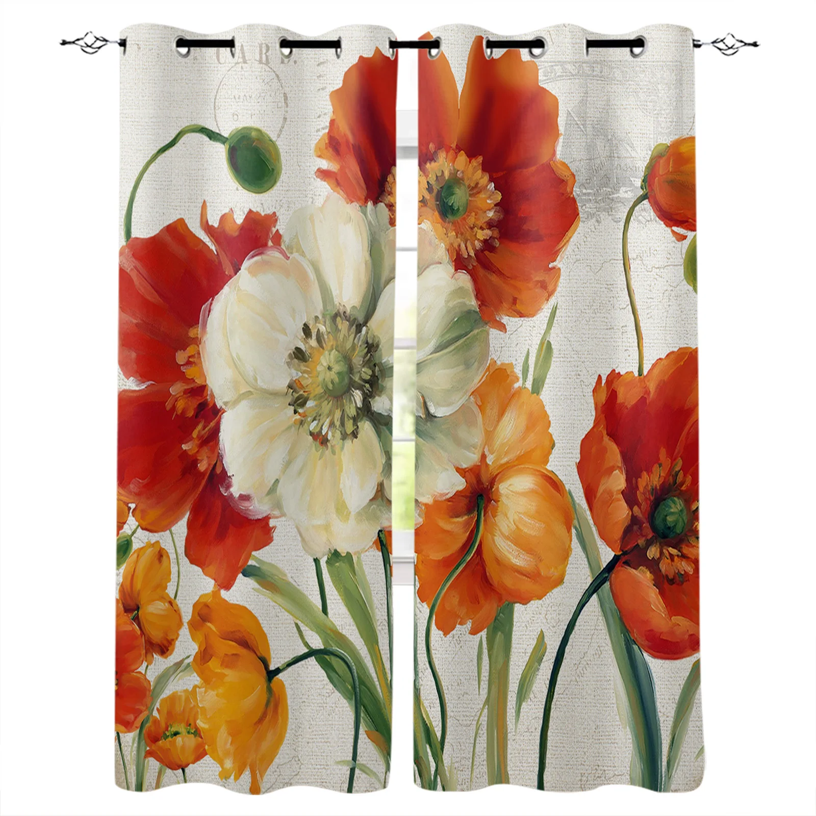 Vintage Flowers Poppies Print Curtains For Kitchen Bedroom Window Treatment Curtains for Living Room Home Decor Drapes