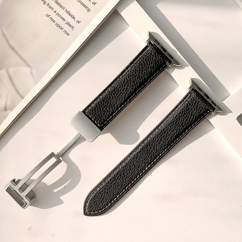 Leather Magnetic Buckle Strap for Apple Watch 8 45mm 41mm Ultra 49mm Geniune Leather Band for iWatch Series 7 6 5 38mm 41mm 40mm