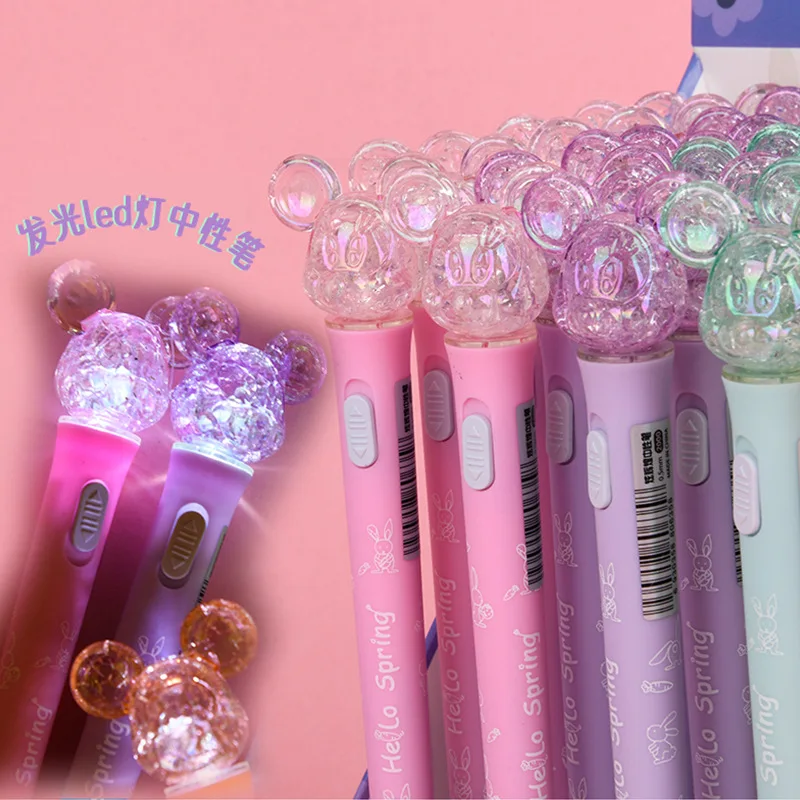 36PCS new Disney ballpoint pen creative with LED lamp beads Symphony Mickey head-shaped luminous black writing gel pen cute gift