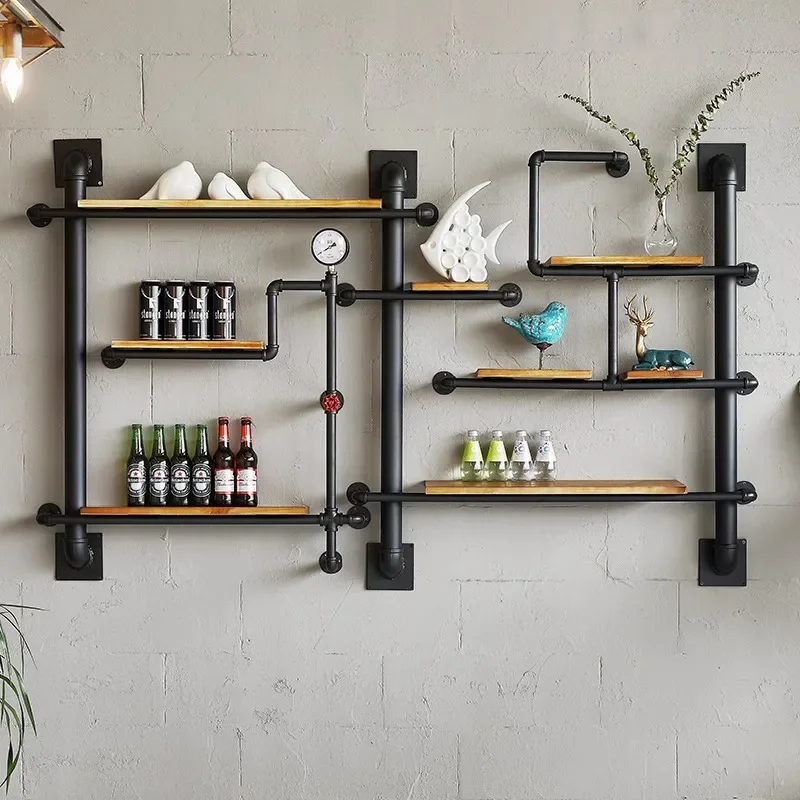 Iron art water pipe wall mounted shelves, wine racks, creative wall decoration, vintage bookshelves, industrial style partitions