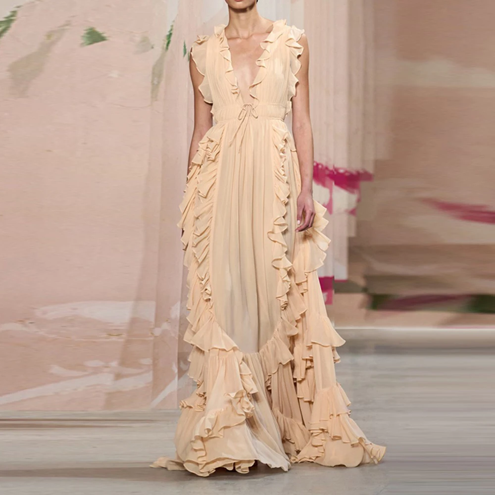 ใหม่ Couture Ruffles อย่างเป็นทางการ V คอ Elegant ชุดราตรีสาย Custom Made 2025 ชุดราตรียาวชีฟองแขนกุด