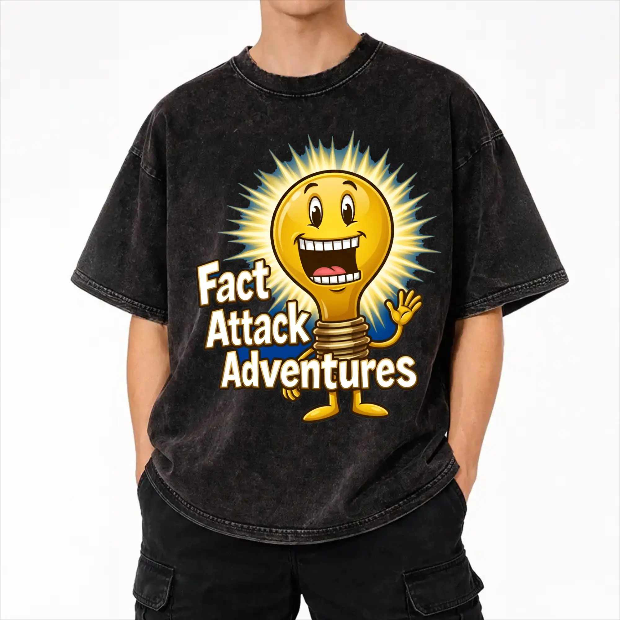 Fact Attack Adventures Lighty Washed T Shirt Streetwear Hip Hop Novelty T-Shirts  Tees for Men Women Short Sleeve Harajuku