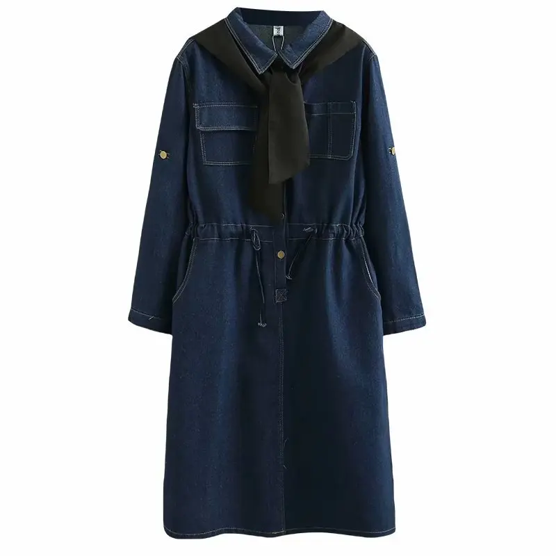 2023 Autumn Clothes Women Denim Dress Plus Size Loose Roll-Up Sleeve Shawl Casual Drawstring Waist Blue Curve Jean One-Piece