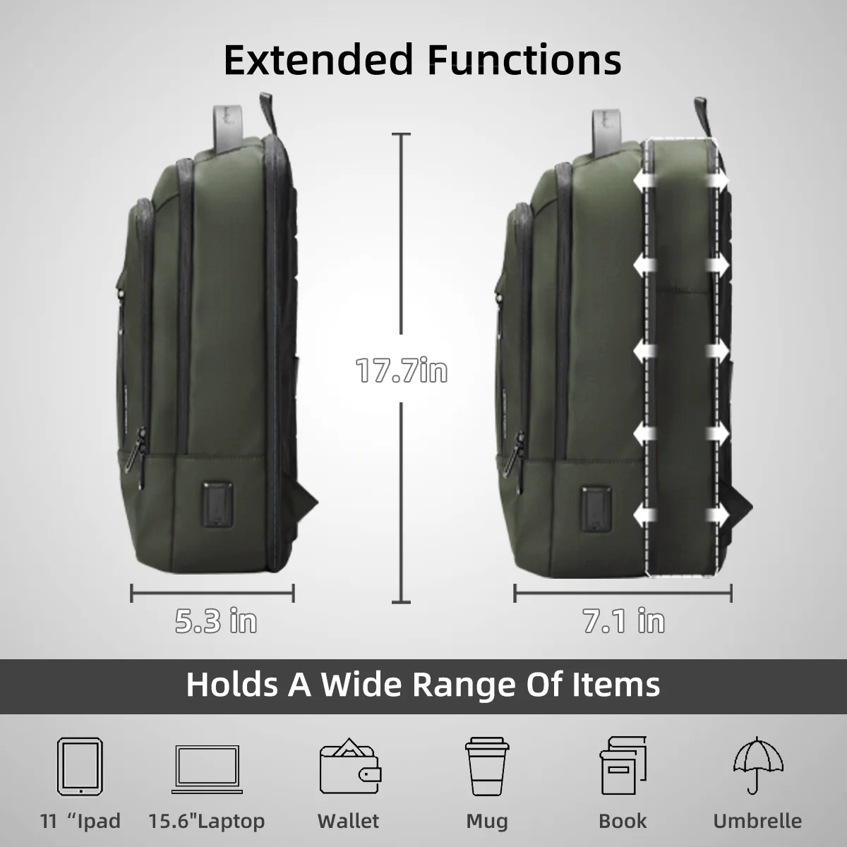 HcanKcan-Mochila De Viaje expandible multifuncional para hombre, resistente al agua, para ordenador portátil de 15,6 pulgadas, con carga USB