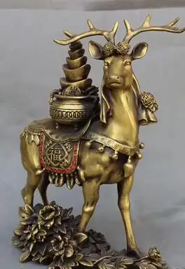 Folk Chinese Pure Bronze Animals Wealth Treasure Bowl On Brass Fu Deer Statue