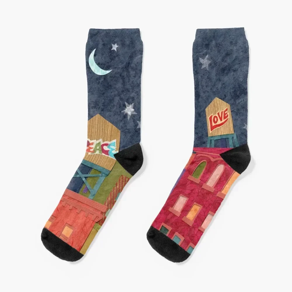 

Peace Love Water Tower Cityscape Socks cotton Soccer christmas gift winter thermal Men Socks Women's