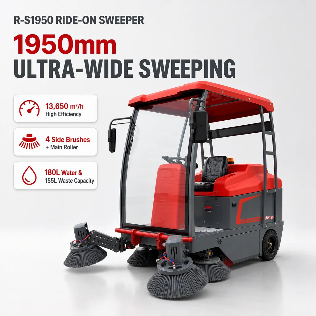 Heavy Duty Commercial Ride on Street Sweeper 1950mm Cleaning Width Battery Powered Industrial Floor Sweeping Machine 13650m2/h