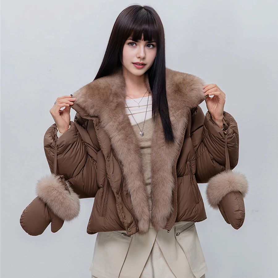 

CNEGOVIK Women's Down Jacket With Fur Fox collar Luxury Natural Fox Fur Collar Down Coat Winter Goose Feather Short Coat