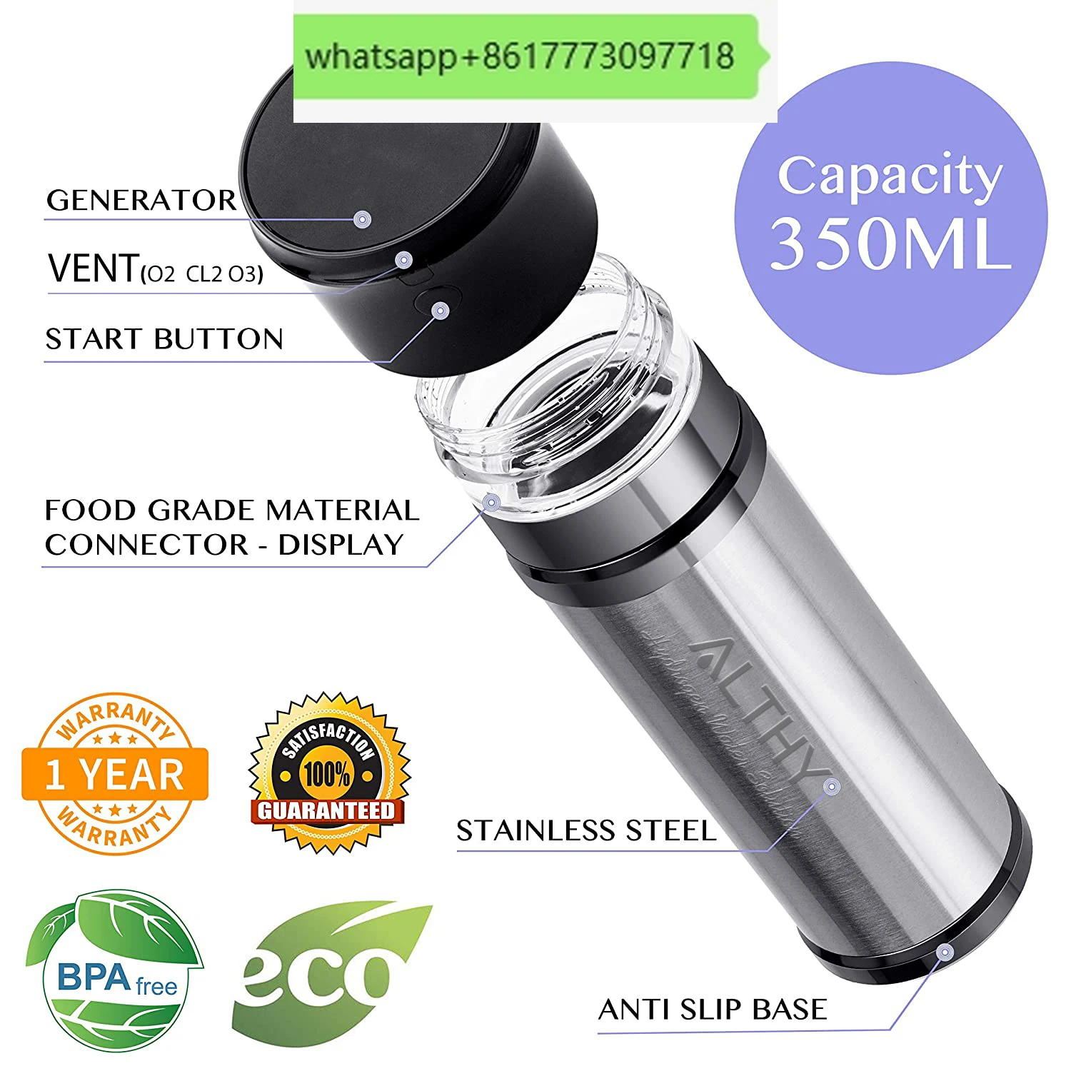 ALTHY 2 in 1 Stainless Steel Insulation Hydrogen Water Bottle Generator + Disinfectant Generator - DuPont SPE+PEM Dual Chamber