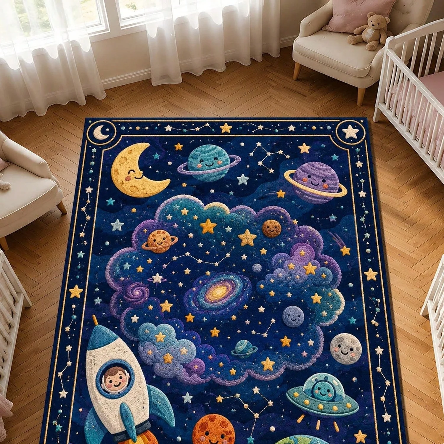 Space-Themed Baby Room Rug, Galaxy Playroom Rug, Astronaut Rug, Planet Starry Sky Baby Room Decor, Outer Space Toddler Gift Rug.
