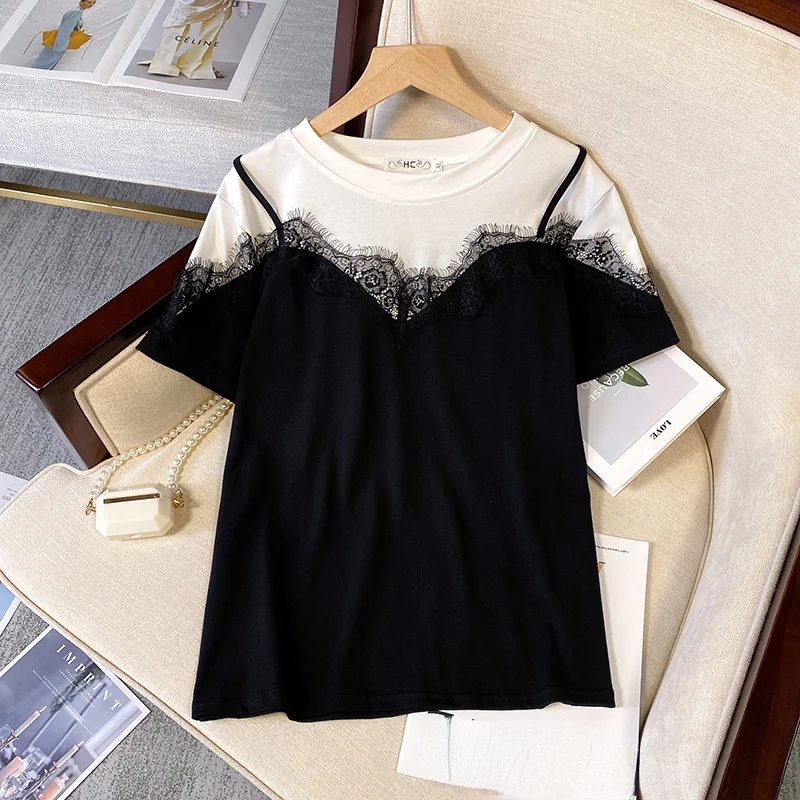 

XL-4XL Large Size Lace Trim Splice T-shirt Women Summer Short-sleeve Oversize Tops Female Trendy O-Neck Fake Two Pieces Tshirts