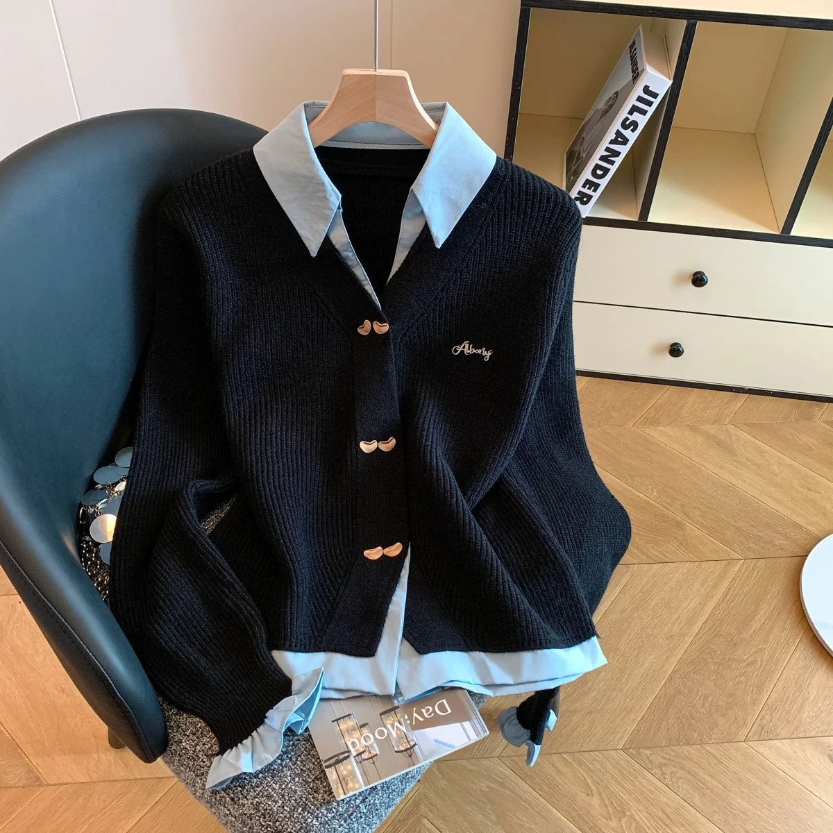 

Женский свитер с длинными рукавами и воротником, кардиган, элегантный французский уличный модный эстетический топ в стиле ретро для колледжа на осень-зиму