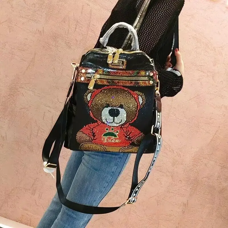 2024 New Fashion Women\'s Backpack Colorful Diamonds Cute Bear Luxury Bagpack Female Large Capacity Brand Shoulder Bag Schoolbag