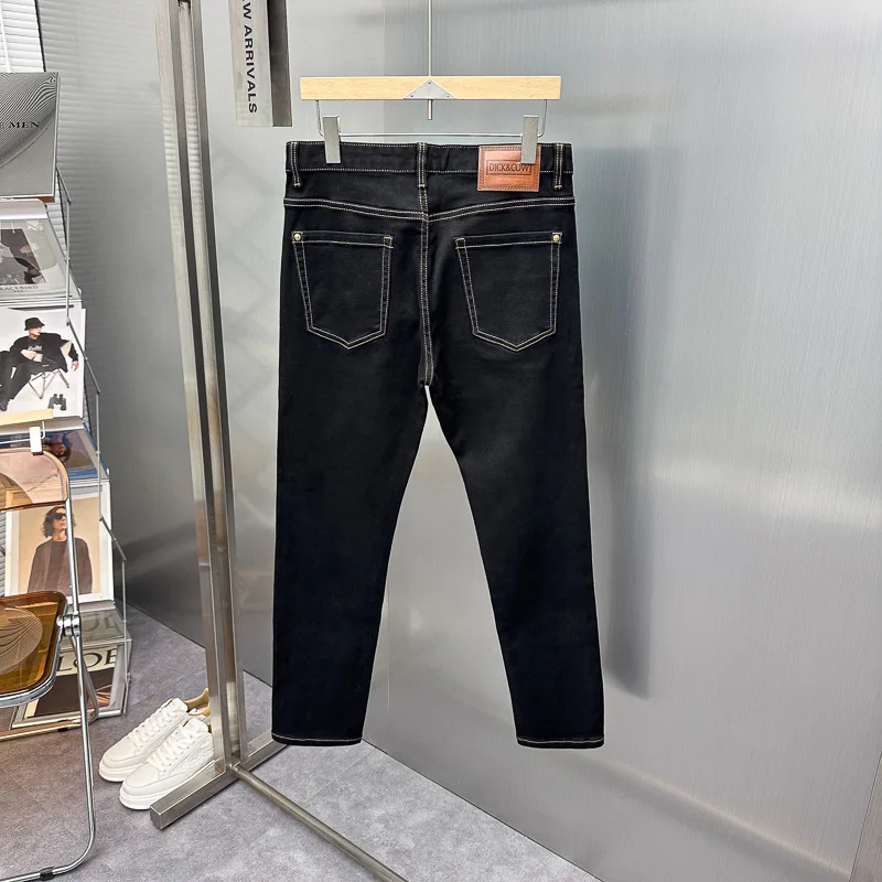 

Модные черные повседневные джинсы из денима для мужчин, весна-осень, облегающие, с кожаной нашивкой, прямые, длинные брюки