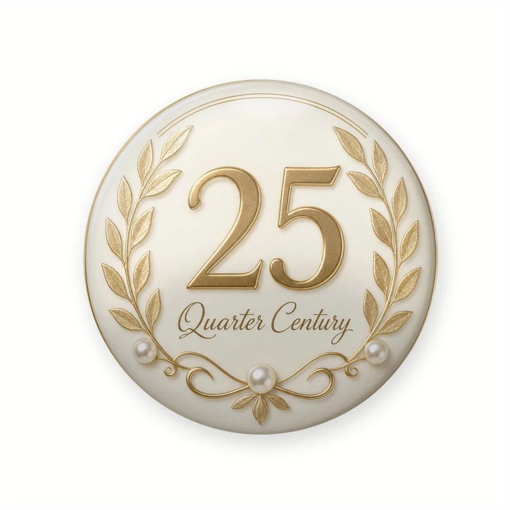 1pc, Classic 25 Quarter Century Celebration Lapel Pin, Chic decorative piece, Easy to match daily accessory, Round 44mm, Perfect
