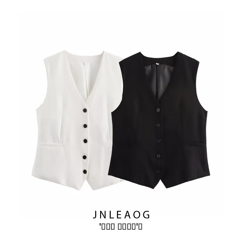 

JNLEAOG женский классический жилет с V-образным вырезом на одной пуговице, осенний новый двухцветный универсальный жилет из полиэфирного волокна