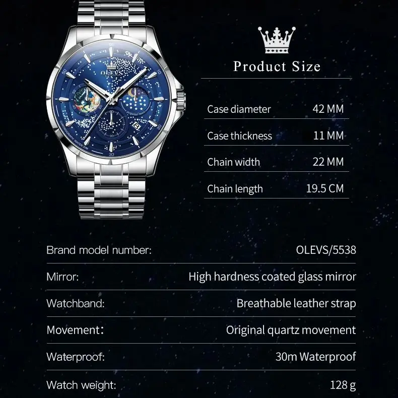 OLEVS 5538 Quartz Men\'s Watch Luxury Multi functional Waterproof Glowing Starry Sky and Lunar Phase Timing Code Watch Men Watch