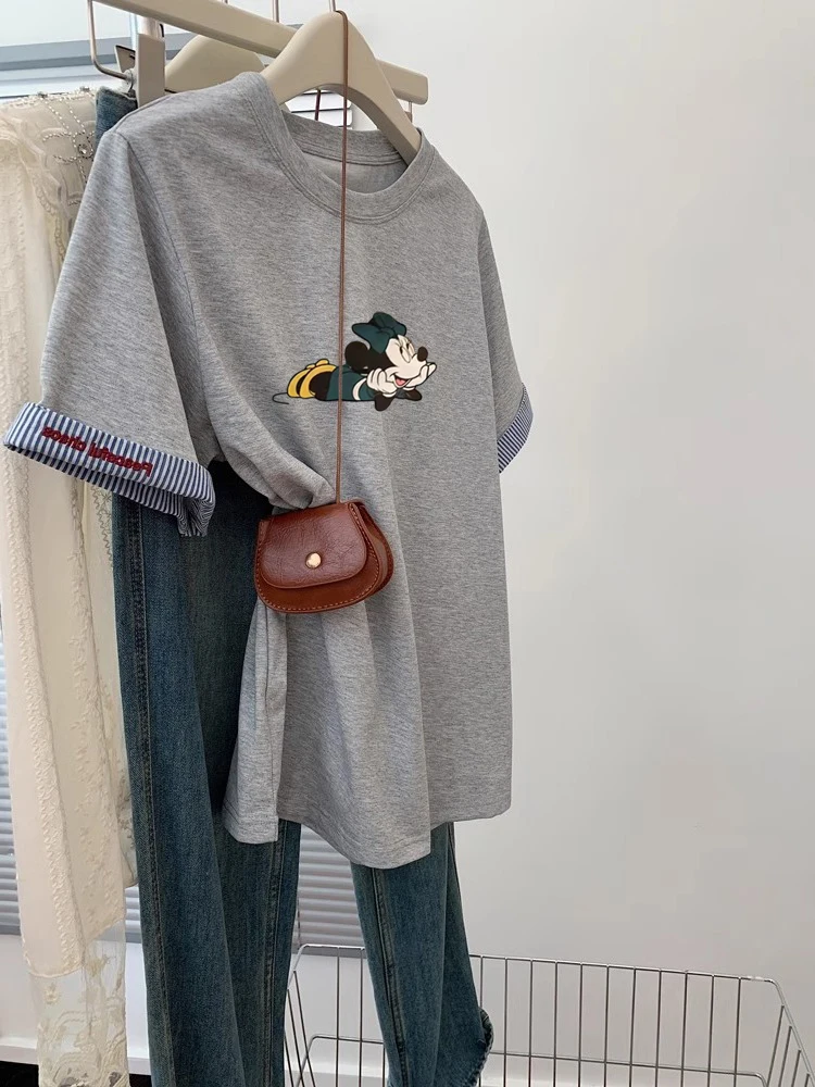 

Retro ey Flip Casual ort Sve T-irt ex Summer Korean Sle Age-Defng Loose round Ne Top Trendy Streetwear