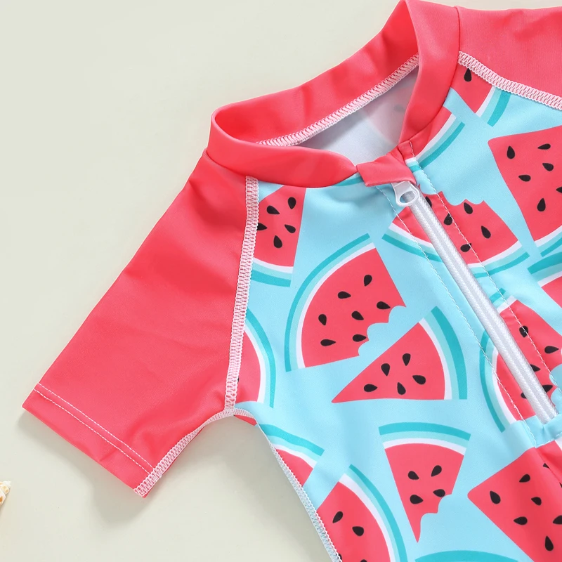 Costume da bagno patchwork con stampa anguria e cerniera a maniche corte per bikini da bambina per abbigliamento da spiaggia estivo