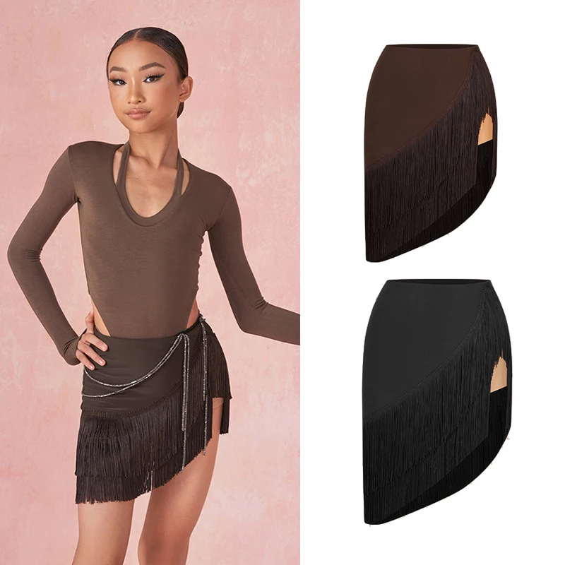 

ZYM Dance Clothes For Girls Fringed Skirt Black Brown Dense Tassels Cha Cha Rumba Samba Dance Skirt Practice Clothing DNV20713