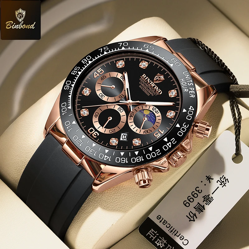 BINBOND ساعة رجالية فاخرة كوارتز رجل ساعات مقاوم للماء مضيئة العلامة التجارية الأعلى ساعة للرجال تاريخ كرونوغراف ساعة يد رياضية