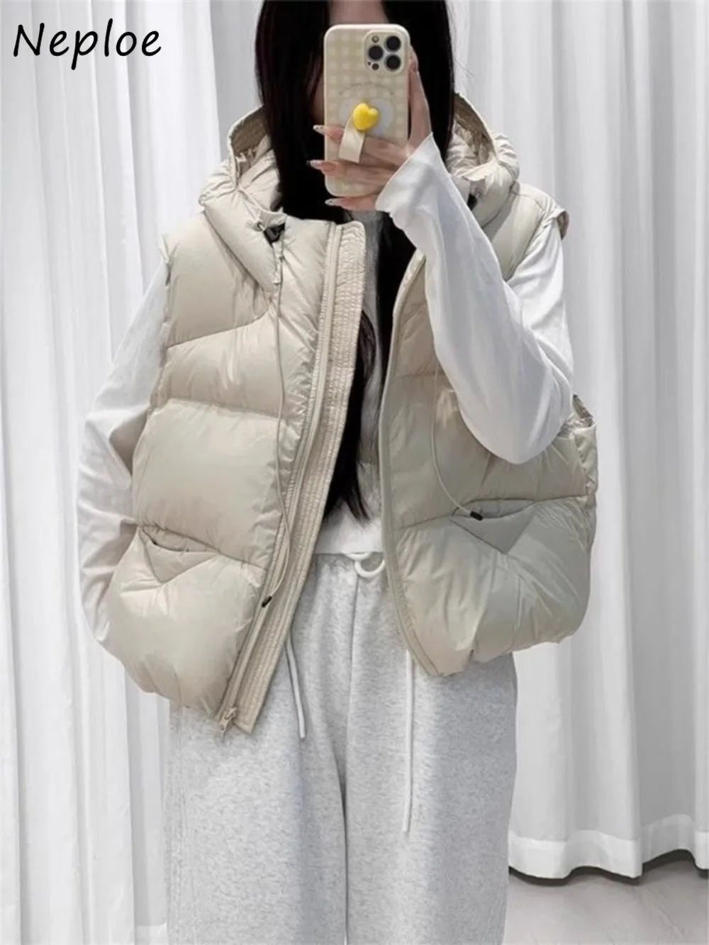 

Neploe, свободное короткое универсальное модное пальто, маленькая желтая парка с капюшоном, женская одежда, офисная женская теплая куртка без рукавов на шнурке