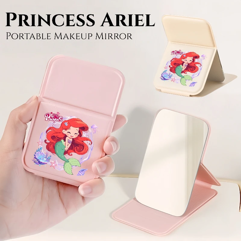 Espejo de maquillaje de escritorio de princesa Ariel de Disney, espejo de maquillaje portátil de mano para chica de Anime, espejo de bolsillo compacto y bonito plegable para mujer