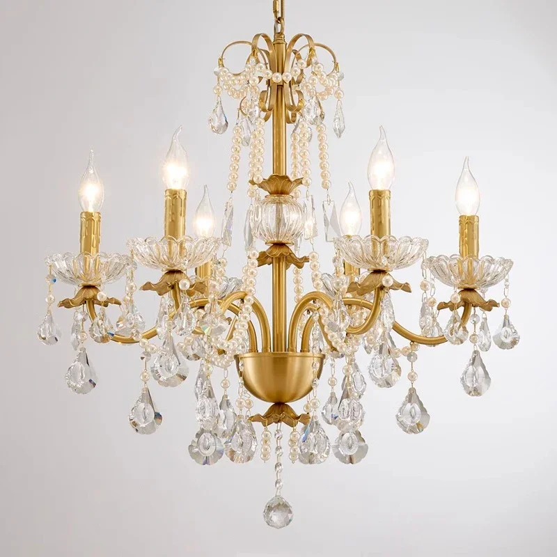 American Retro Gold Luxurious Brass Crystal Chandelier Villa Living Dining Bedroom Room Candle Lights Lustre Decor Pendant Lamps