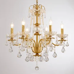 American Retro Gold Luxurious Brass Crystal Chandelier Villa Living Dining Bedroom Room Candle Lights Lustre Decor Pendant Lamps