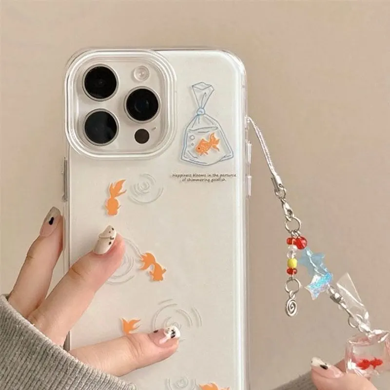 

Goldfish Cartoon with Chain Protection Back Cover for Samsung Galaxy S25 S24 Ultra S23 FE For iPhone 16 Promax 15 14 Back Cover