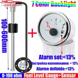 Stainless Steel 100~600mm Fuel Float Sensor+52mm Fuel Level Gauge 0-190ohm Oil Tank Meter with Alarm for Car Yacht 12V24V Custom