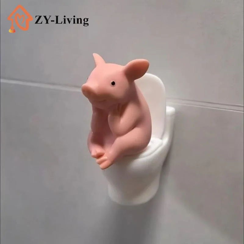 Cartoon Pig Sitting on Toilet Figurine Pink Plastic Miniature Animal Desktop Ornament for Home Office Shelf Room Decoration