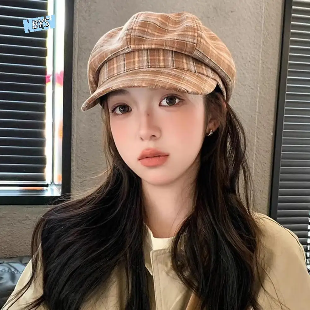 

Casual Cotton Plaid Cloud Cap Thin Retro Grid Beret Cap Big Head Circumference Contrast Color Women Octagonal Hat Party